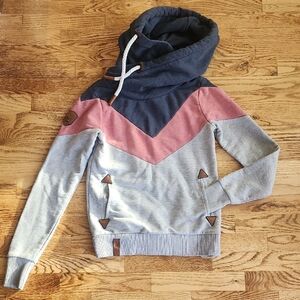 (S) Naketano Women's Pink and Gray Chevron Hoodie Thick Warm Comfy Cozy Snow